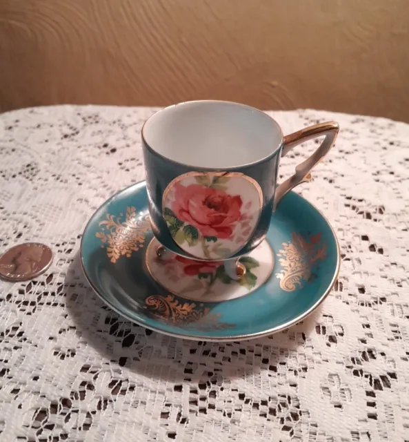 Royal Halsey Miniature Tea Demitasse Cup & Saucer Very Fine  Gold Green Rose