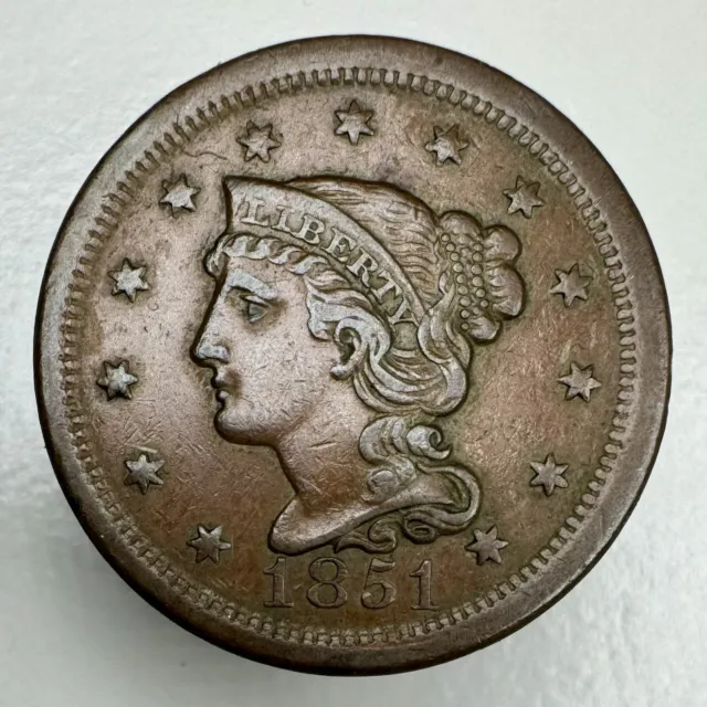 1851 Braided Hair Large Cent Almost Uncirculated AU+ Coin.  GREAT COIN!!!