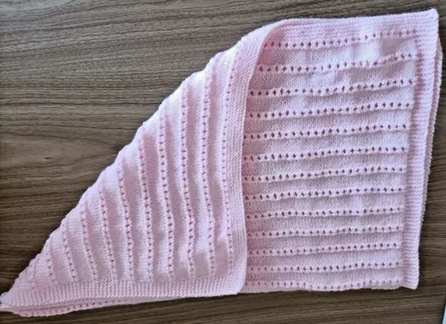 Hand Knitted In Acrylic Dk Banded Lacy Design Large Pink Baby Blanket