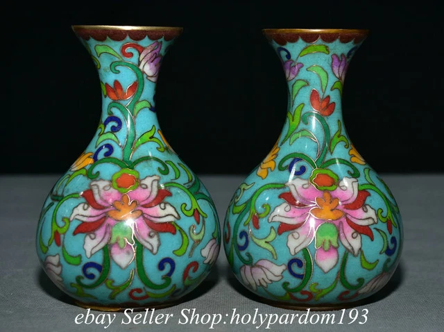 5.2" Marked Old Chinese Bronze Cloisonne Dynasty Flower Bottle Vase Pair