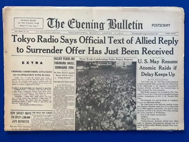 WWII Aug-13-1945 Newspaper END OF WORLD WAR 2! False Japan Surrender ATOMIC BOMB