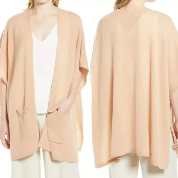 NEW Nordstrom 100% Cashmere Ruana Beige Tan Open Front Cardigan Pockets One Size