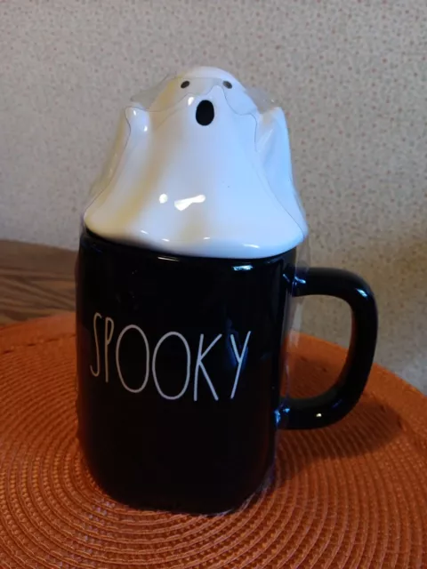 RAE DUNN Halloween SPOOKY Black Mug With Ghost Topper Coffee Mug NEW