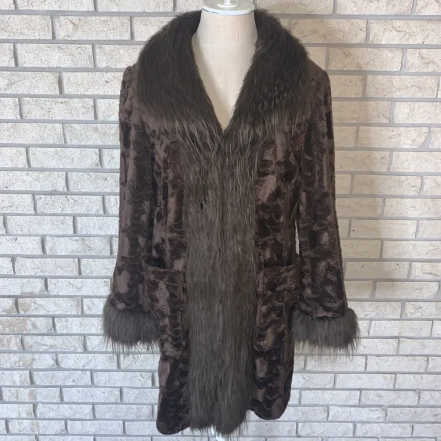VTG Mix It Woman’s Brown Textured Faux Fur Lined Coat W/Pockets Mob Wife SZ S
