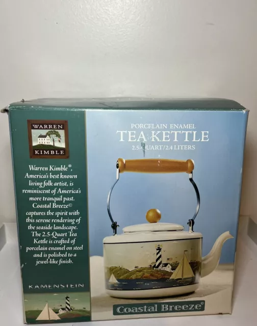 Warren Kimble Coastal Breeze Metal Tea Kettle Lighthouse Sailboat Vintage Warren Kimble Coastal Breeze Metal Tea Kettle Lighthouse Sailboat Vintage