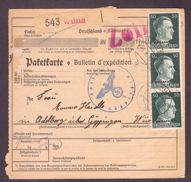 Ostland Litauen seltene Paketkarte Wilna nach Göppingen mit Zollstempel!!