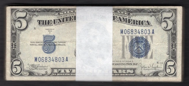 Lot Of (100) 1934 $5 Five Dollars Silver Certificates Currency Notes Vg-Vf (B)