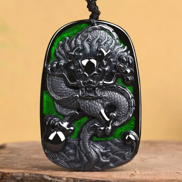 Grade A Natural Black Green Jade Jadeite Pendant Carved Dragon Spit Bead Amulet