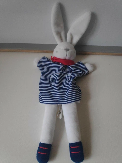 Doudou plat lapin blanc marionnette rayures bleu bandana rouge Sergent Major