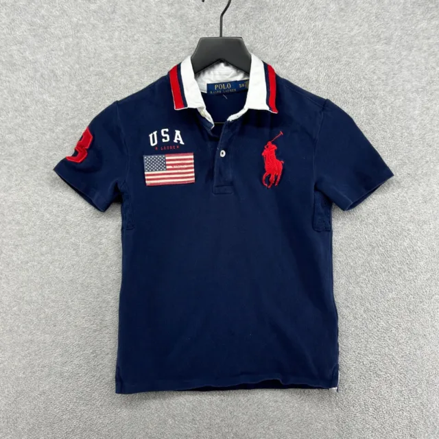 Polo Ralph Lauren Shirt Boys Size Small 8 Blue Short Sleeve Big Pony Flag USA