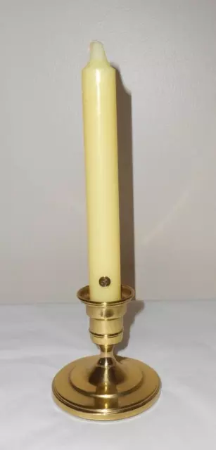 Colonial Candle Brass Candlestick HOLDER w/ 8" unused Candle - 3"d 3"t - TAIWAN