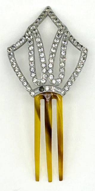 Vintage Art Deco 4" Amber and Metal Hair Comb With White Rhinestones