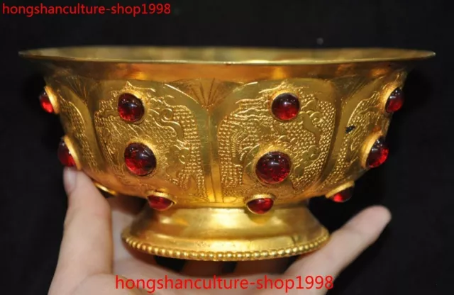 5.4" Chinese dynasty bronze 24k gold Gilt gemstone flower palace bowl Tea Bowl