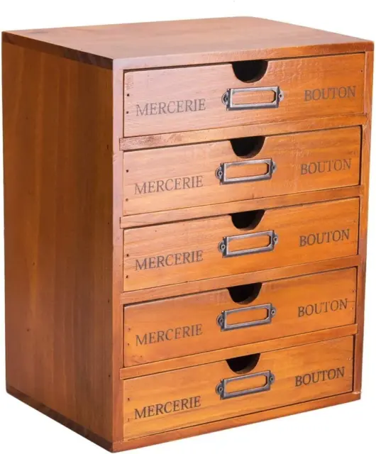 5-Drawer Desk Organizer - Vintage Wooden Storage Box W/ 5 Wide Storage Drawers -