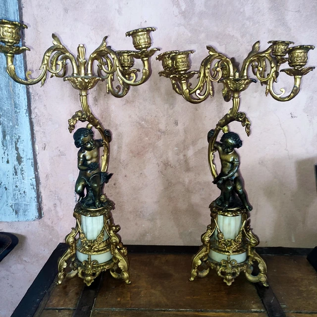 Paire De Chandeliers Vintage En Marbre/onyx Et Métal – Style Baroque Rococo