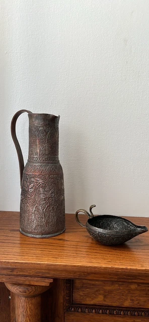 Antique Qajar Islamic Indo Persian Red Copper Pitcher & Bronze Snake Oil Burner
