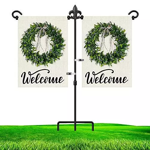 Garden Flag Stand Holder for Double Flags with Fleur De Lis Yard Flag Stopper...