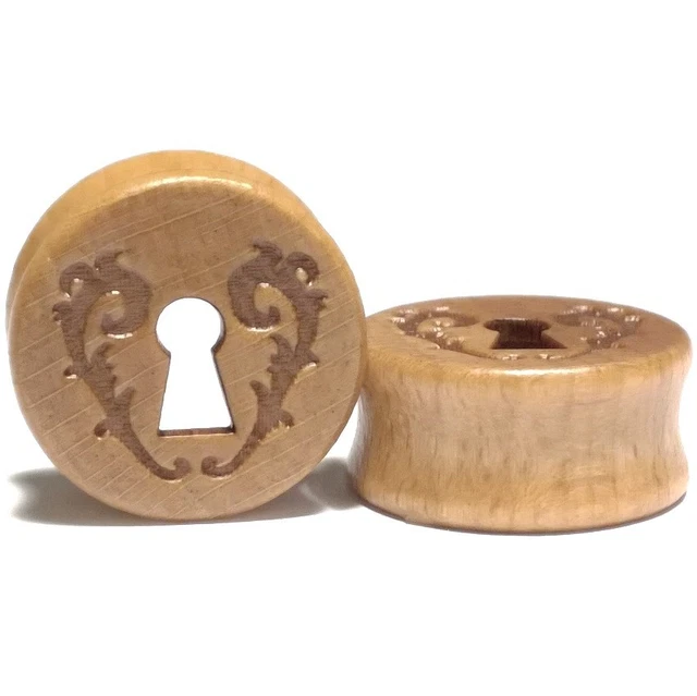 Pair Carved Wood Ear Tunnels w/Antique Keyhole - Organic Gauges Earrings Plugs
