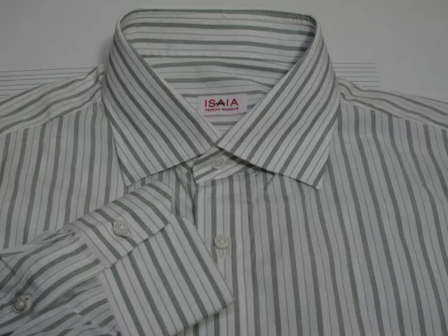 $495 Isaia Napoli Dress Shirt 18 x 38 White Green Stripes Std Cuffs