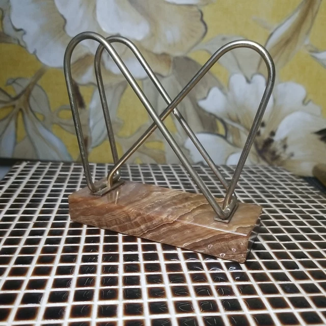 Vintage Marble Stone Desktop Pencil Holder With Brass Wire and Base