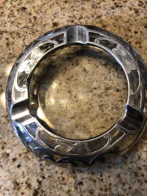 Vintage Glass & Silver Overlay Ashtray Floral Design Art Nouveau