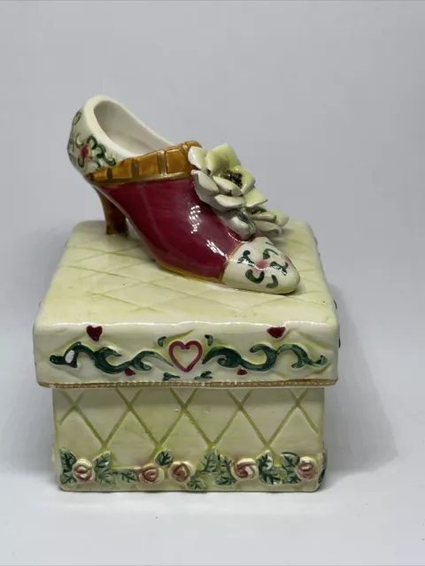 Lovely Vintage Porcelain Trinket Box with High-Heel Shoe, Flowers and Hearts