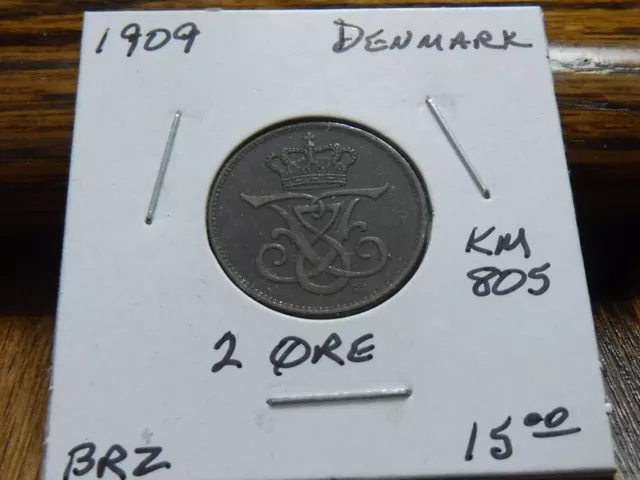 1909 Dinamarca 2 Øre - KM 805 - Bonita moneda de bronce