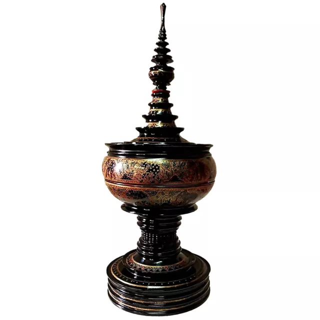 Burmese Lacquerware Food Storage Black Elephant Stupa Shaped Antique Home Decor