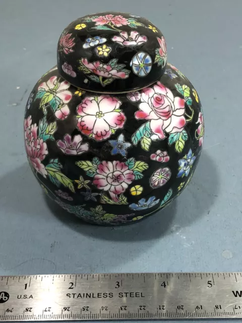 Vintage Chinese Famille Rose Black Hand Painted Ginger Jar RARE FIND