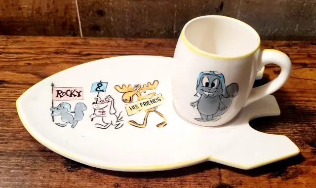 1960 "ROCKY & BULLWINKLE" Original Jay Ward CERAMIC CHILDS "ROCKET PLATE & CUP"