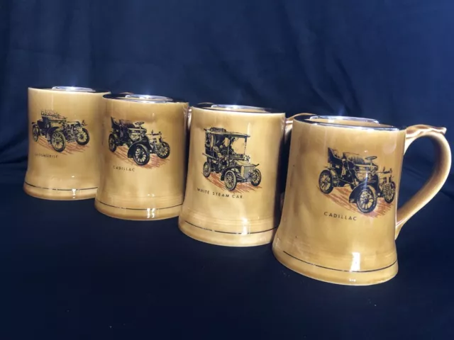 4 VTG Wade Pottery Mugs Veteran Car Series, Cadillac, Olds, White Steam Car