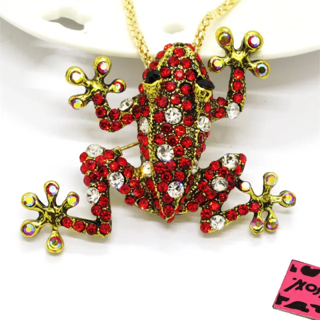 Betsey Johnson AB Rhinestone Cute Red Frog Crystal Pendant Chain Necklace