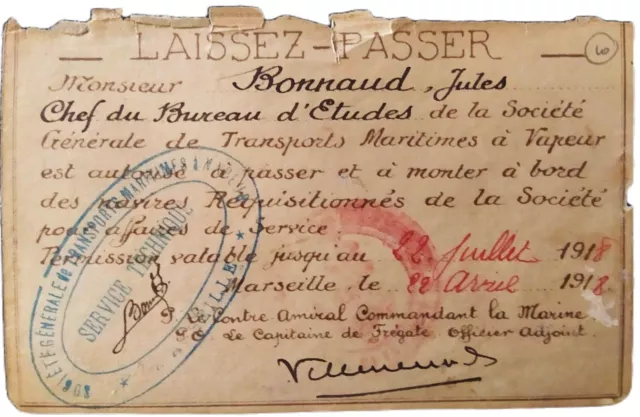 1918 2 Laisser Passer pour Accès aux Navires Réquisitionnés du Port de Marseille