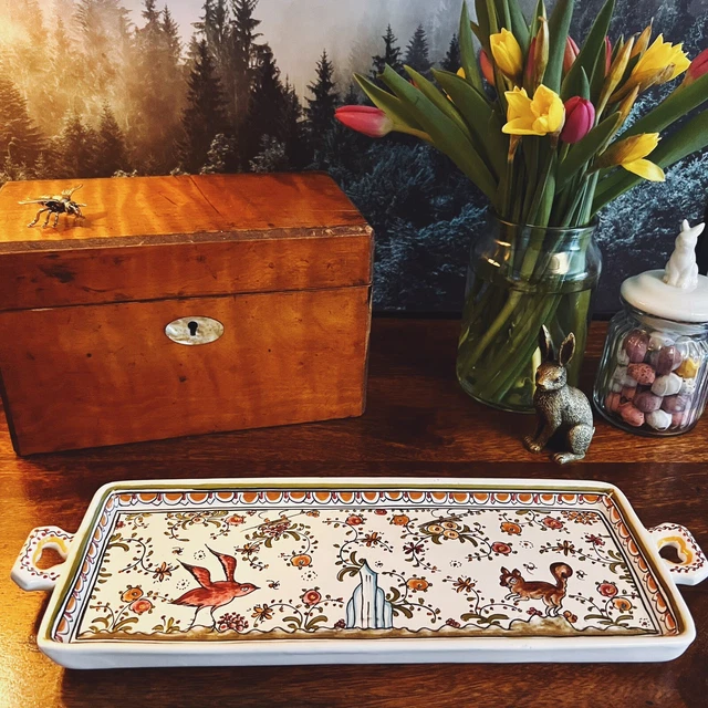 VINTAGE FILCER PORTUGAL Hand Painted Pottery Deer Floral Sandwich Plate ...