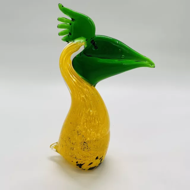 Art Glass Pelican Green Yellow Paperweight 10" EUC