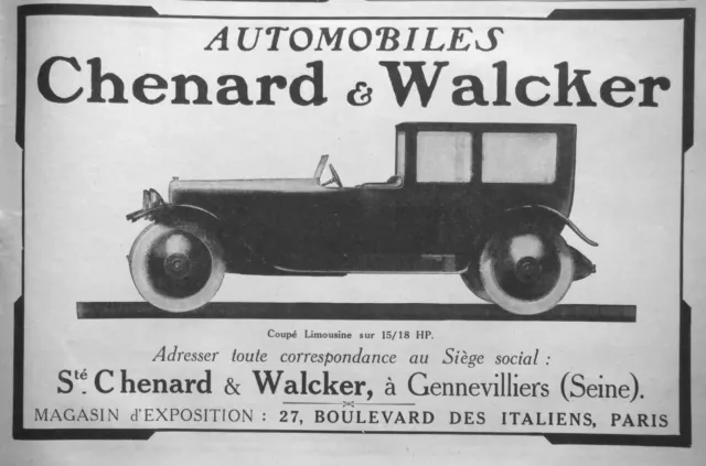 Publicité De Presse 1921 Automobiles Chenard & Walcker Coupé Limousine 15/18 Hp