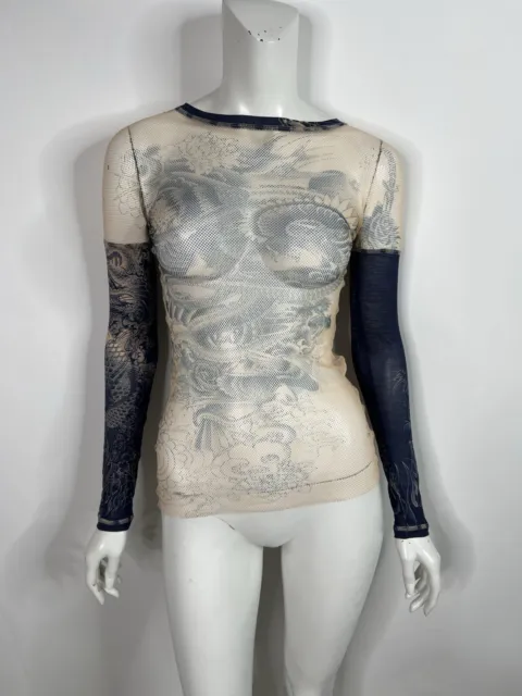 Vtg Jean Paul Gaultier Ss2012 Tattoo Print Net Silk Sleeve Top S