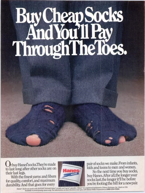 1987 Hanes Print Ad Buy Cheap Socks & You'll Pay Through The Toes w/ Holey Socks