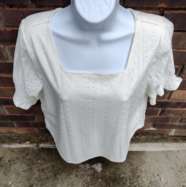 Adrianna Papell Blouse Womens Medium White Eyelet Embroidery Top  Smocked Sleeve