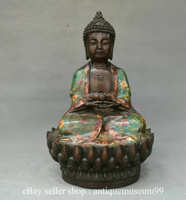 11.6" Old Tibet Cloisonne Enamel Bronze Shakyamuni Amitabha Buddha Lotus Statue