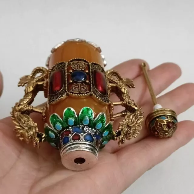 An Exquisite old Chinese Handmade Double dragon Inlaid Copper Snuff Bottle 3