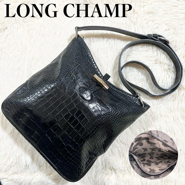 Long Champ Roseau Shoulder Bag Leather Embossed Black Made in France from japan