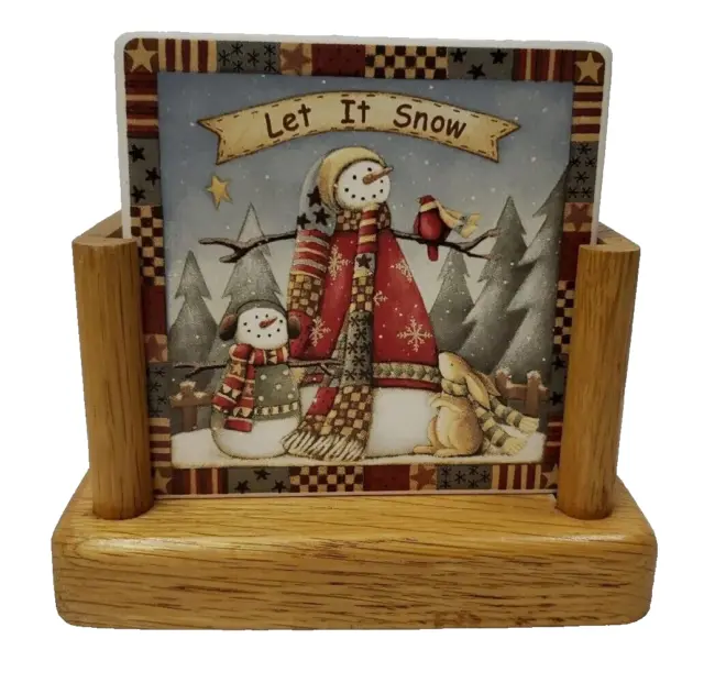 Tile Drink Coasters Absorbent Stone Let It Snow Snowman Design 2 Wood Holders