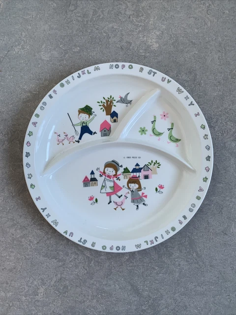 Plato dividido vintage 1983 Melamine Peco para niños alfabeto niños gansos