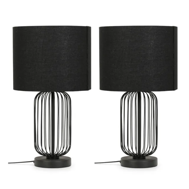 Pair Of Black Metal Touch Table Lamps Shades Geometric Base Living Room Light