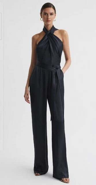 Reiss Jules Satin Halter Neck Fitted Jumpsuit,Size Uk 10