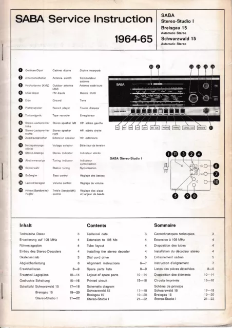 Service Manuelle pour Saba Hifi-Studio I Stéréo, Breisgau 15, Forêt Noire 15