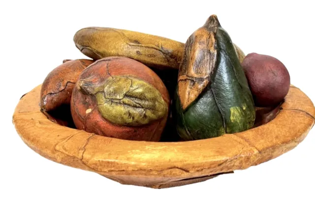 Vintage Large Handmade Leather-Wrapped Clay Fruit & Bowl 9pc Set | Mid-Century