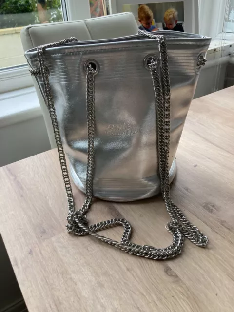 JEAN PAUL GAULTIER Matallic Silver Faux Leather Bucket Bag 4.20