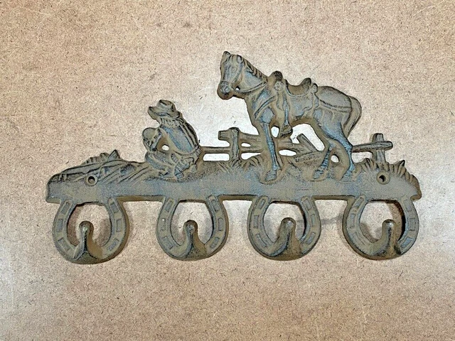 Vtg Cast Iron HORSE SHOE COWBOY / WESTERN RANCH Coat Key Hat Wall Hanger Holder